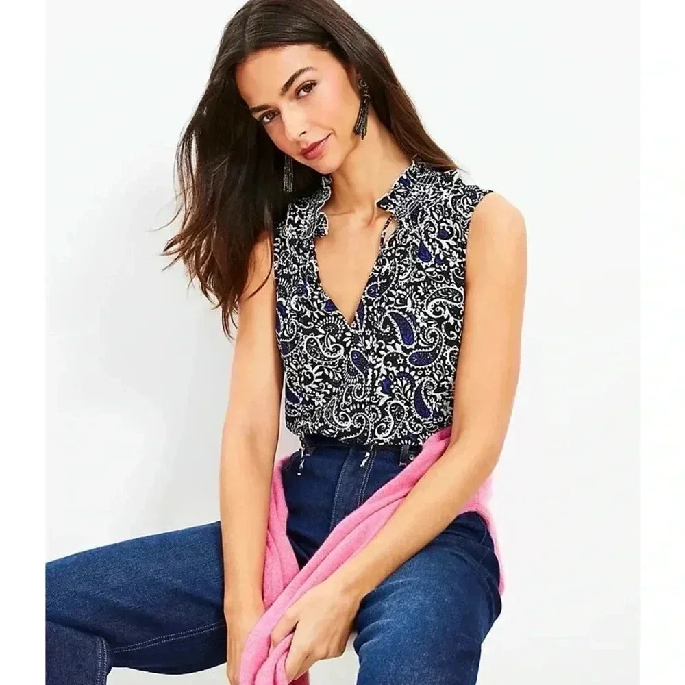 NWT LOFT Paisley Smocked Tie Neck Top